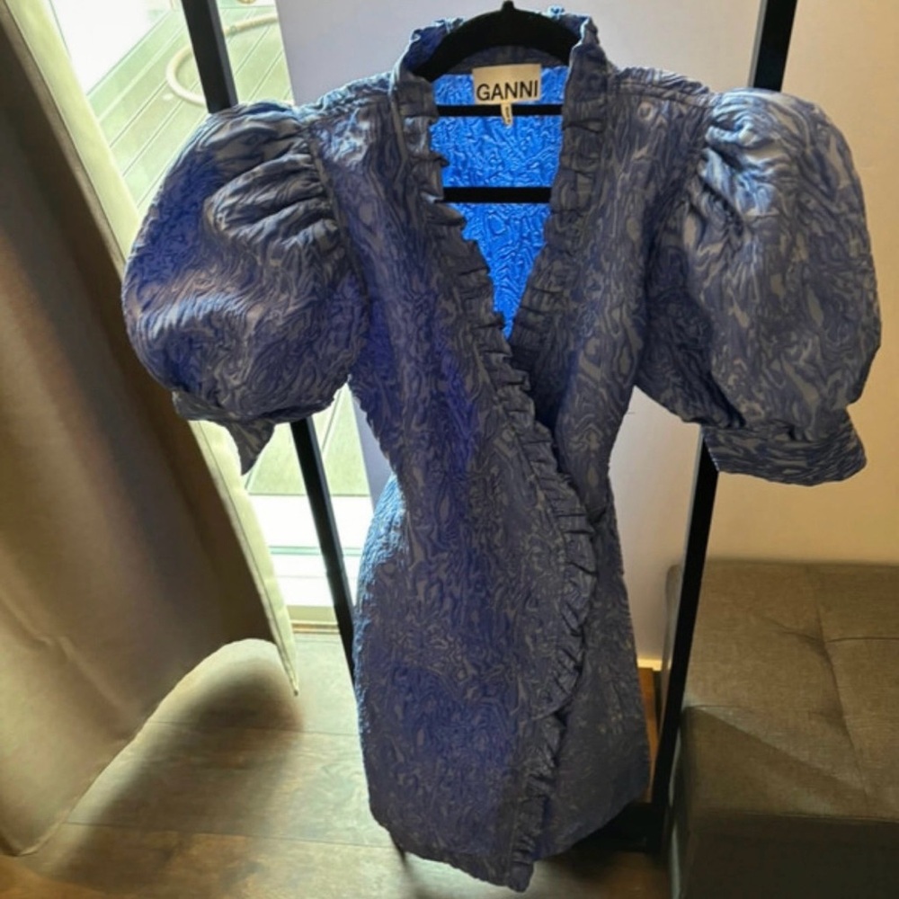 Ganni 3D Jacquard Wrap Ruffle Blue Iris Midi Dress Size 4